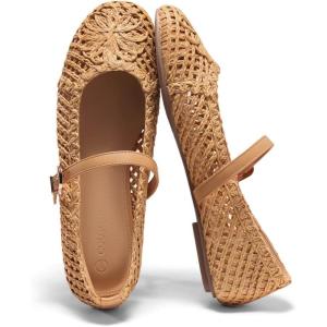 Coutgo Womens Mary Jane Woven Flats Round Toe Ballet Flats Dressy Comfortable Slip On Shoes(Brown Woven)
