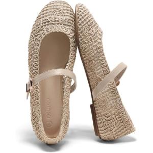 Coutgo Womens Mary Jane Woven Flats Round Toe Ballet Flats Dressy Comfortable Slip On Shoes(Cream White Nylon)