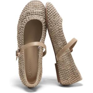 Coutgo Womens Mary Jane Woven Flats Round Toe Ballet Flats Dressy Comfortable Slip On Shoes(Khaki Nylon)