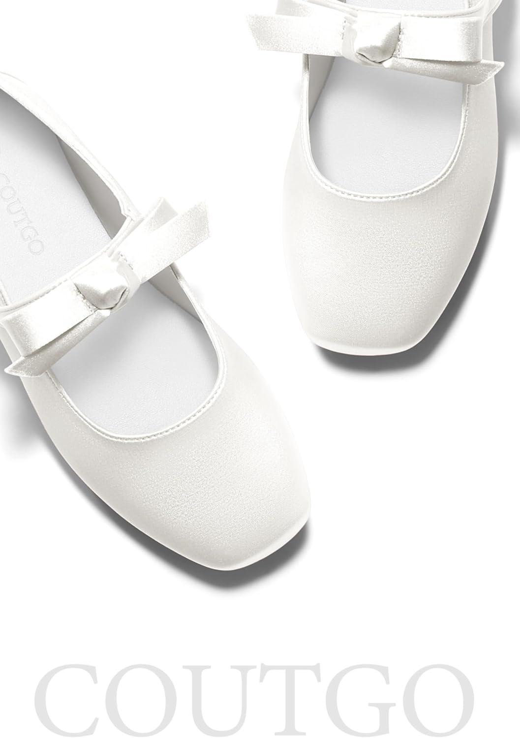image:imageCoutgo Girls Mary Jane Dress Shoes Flower Girl Shoes Bow Satin Ballet Flats for Party Wedding School ShoesWhite