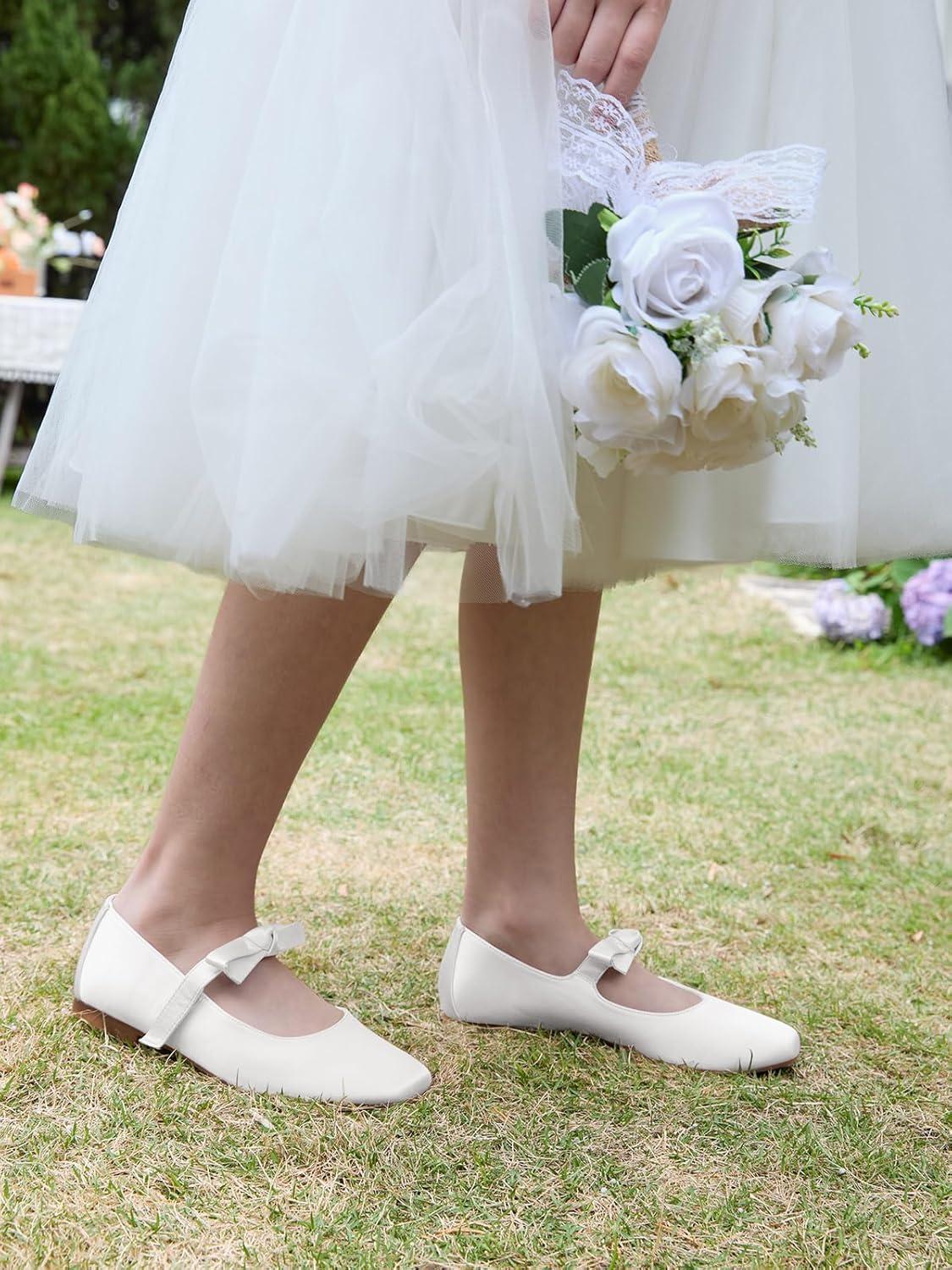 image:imageCoutgo Girls Mary Jane Dress Shoes Flower Girl Shoes Bow Satin Ballet Flats for Party Wedding School ShoesWhite