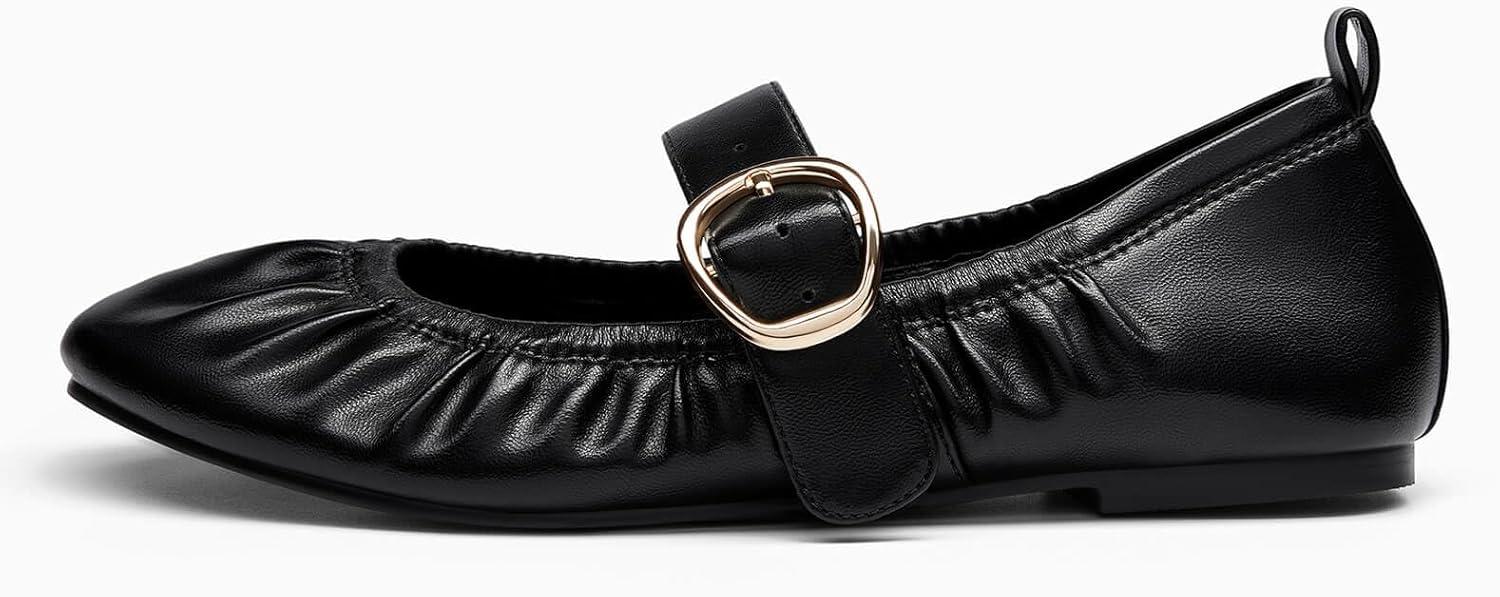 image:imageCoutgo Womens Ballet Flats Ruched Round Toe Mary Jane Flats Comfortable Slip On Dressy ShoesBlack Pu