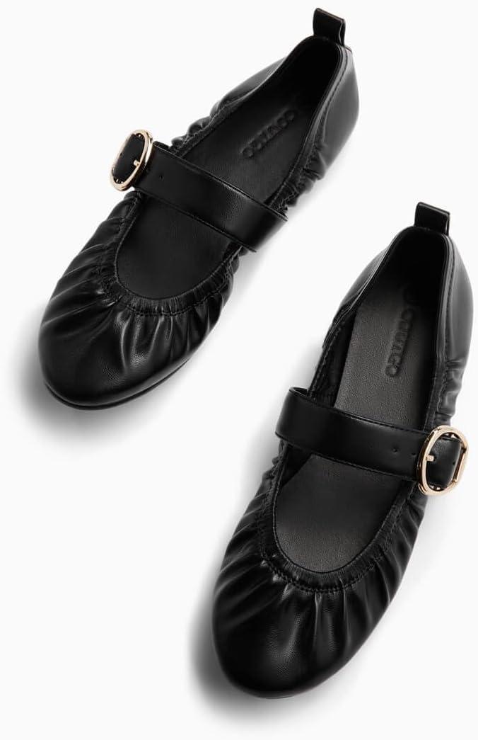 image:imageCoutgo Womens Ballet Flats Ruched Round Toe Mary Jane Flats Comfortable Slip On Dressy ShoesBlack Pu