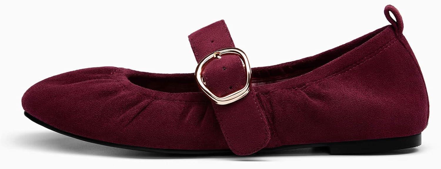 image:imageCoutgo Womens Ballet Flats Ruched Round Toe Mary Jane Flats Comfortable Slip On Dressy ShoesBurgundy Suede