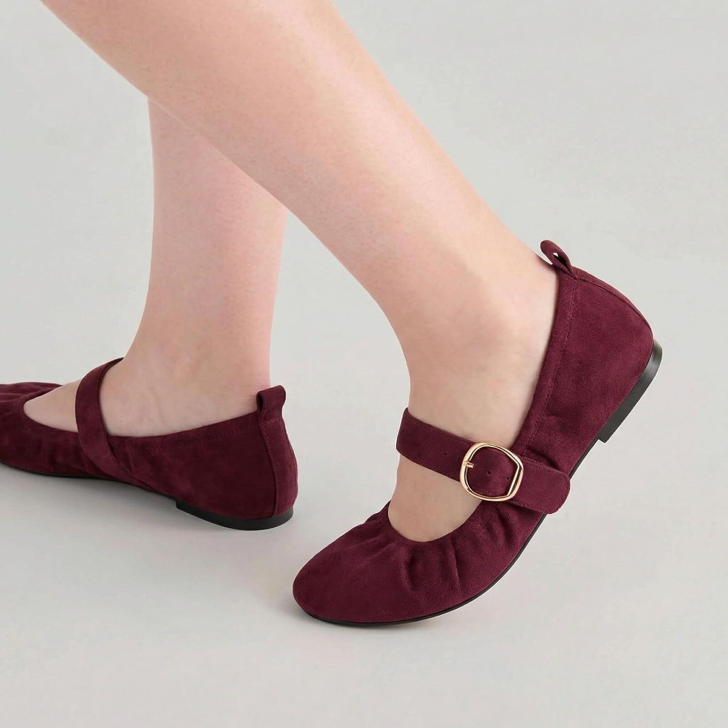 image:imageCoutgo Womens Ballet Flats Ruched Round Toe Mary Jane Flats Comfortable Slip On Dressy ShoesBurgundy Suede