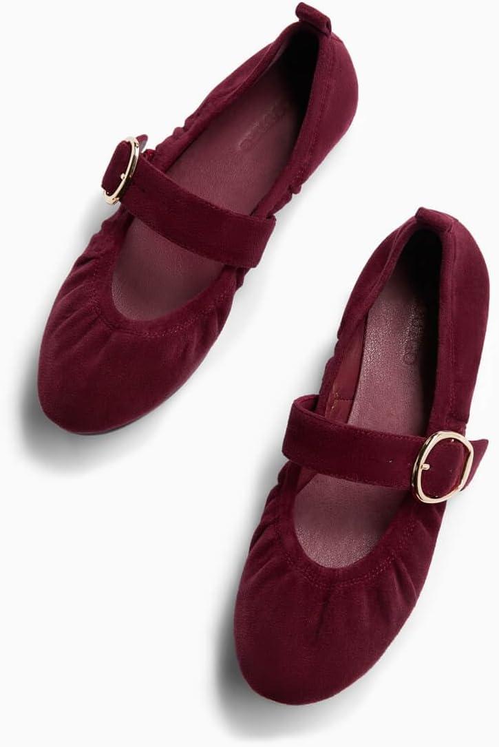 image:imageCoutgo Womens Ballet Flats Ruched Round Toe Mary Jane Flats Comfortable Slip On Dressy ShoesBurgundy Suede