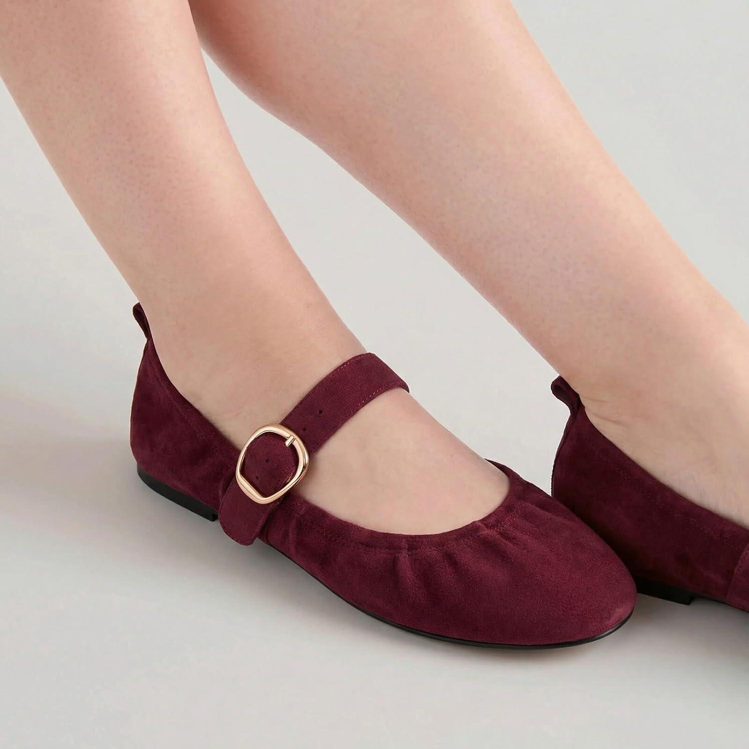 image:imageCoutgo Womens Ballet Flats Ruched Round Toe Mary Jane Flats Comfortable Slip On Dressy ShoesBurgundy Suede
