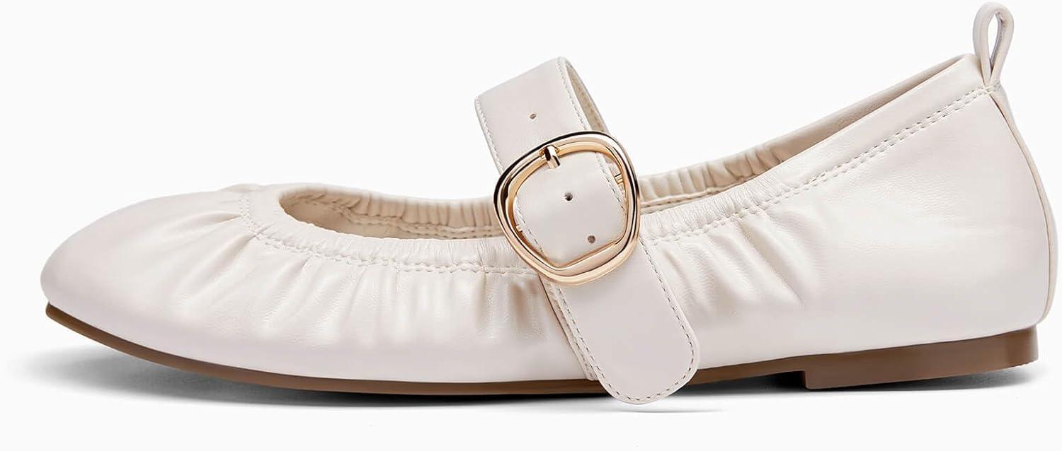 image:imageCoutgo Womens Ballet Flats Ruched Round Toe Mary Jane Flats Comfortable Slip On Dressy ShoesCream White Pu