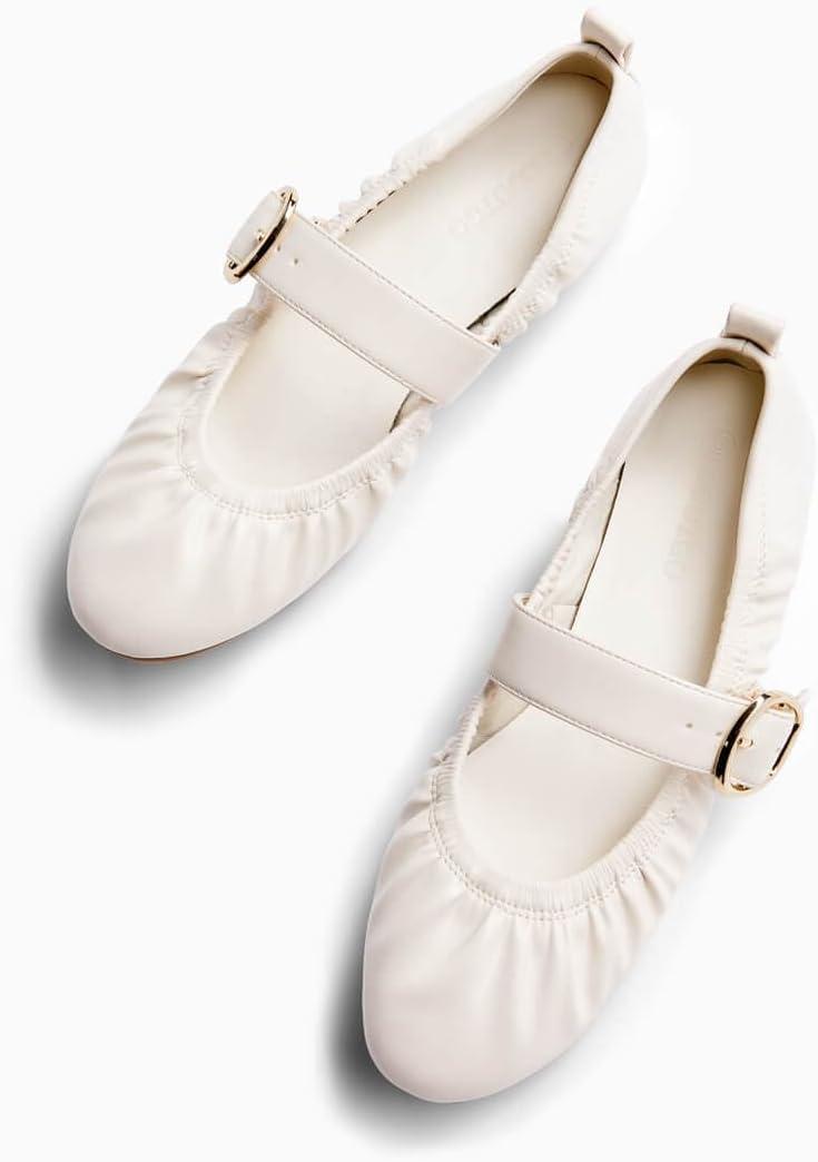 image:imageCoutgo Womens Ballet Flats Ruched Round Toe Mary Jane Flats Comfortable Slip On Dressy ShoesCream White Pu