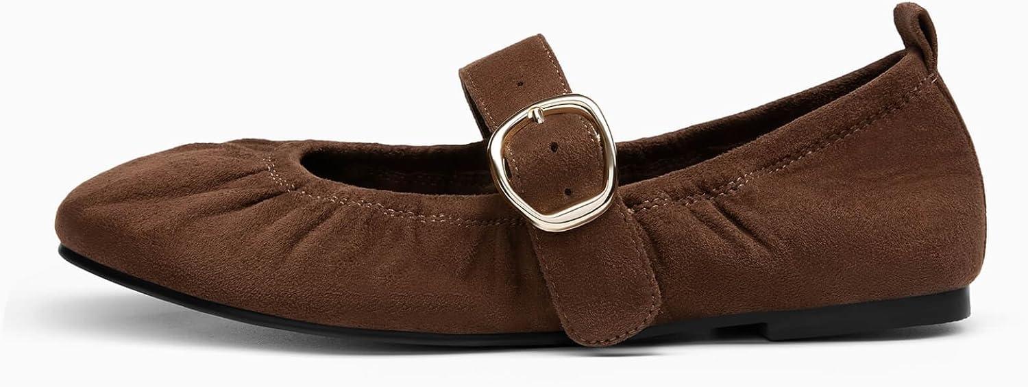 image:imageCoutgo Womens Ballet Flats Ruched Round Toe Mary Jane Flats Comfortable Slip On Dressy ShoesDark Brown Suede