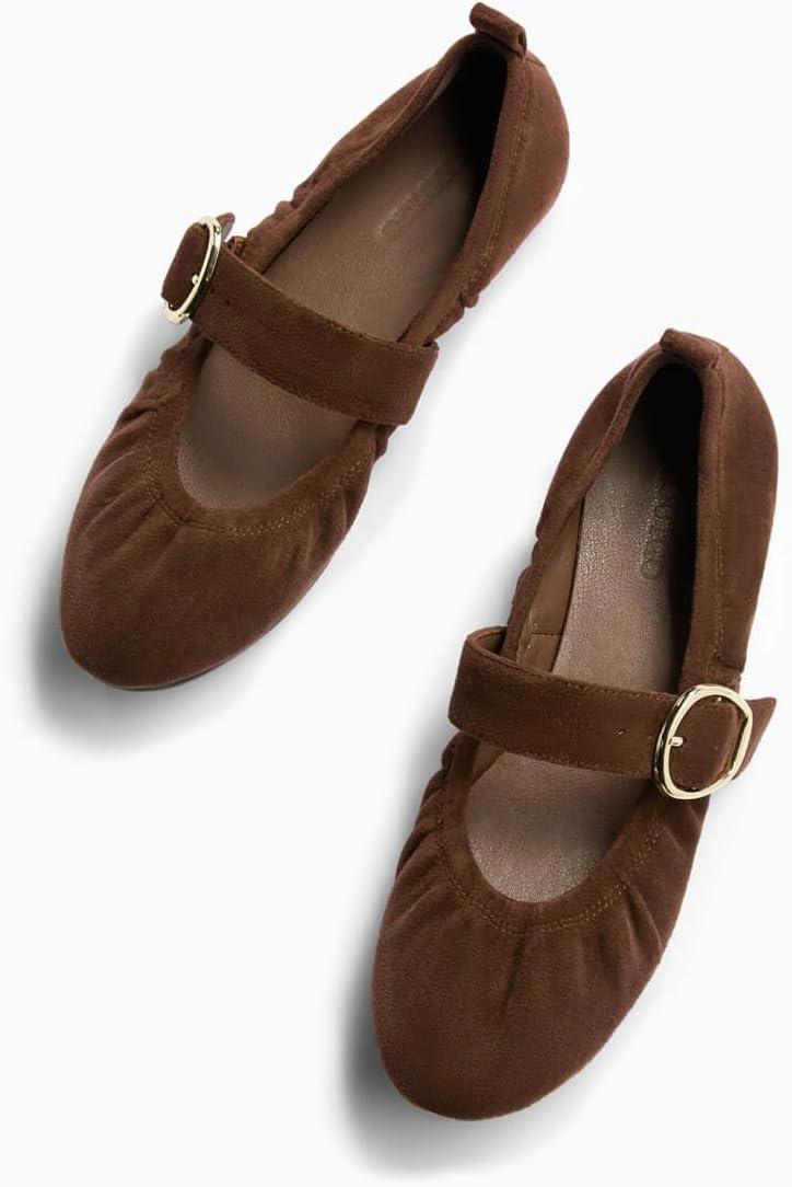 image:imageCoutgo Womens Ballet Flats Ruched Round Toe Mary Jane Flats Comfortable Slip On Dressy ShoesDark Brown Suede
