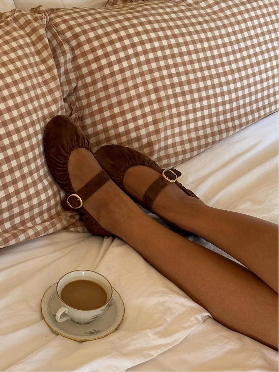 image:imageCoutgo Womens Ballet Flats Ruched Round Toe Mary Jane Flats Comfortable Slip On Dressy ShoesDark Brown Suede