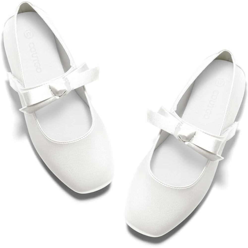 image:imageCoutgo Girls Mary Jane Dress Shoes Flower Girl Shoes Bow Satin Ballet Flats for Party Wedding School ShoesWhite