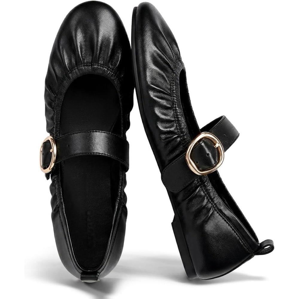 image:imageCoutgo Womens Ballet Flats Ruched Round Toe Mary Jane Flats Comfortable Slip On Dressy ShoesBlack Pu