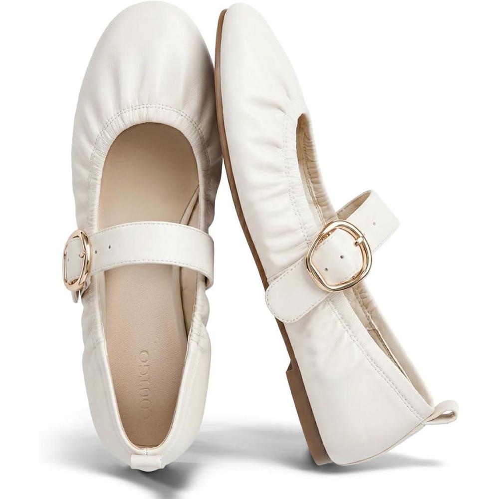 image:imageCoutgo Womens Ballet Flats Ruched Round Toe Mary Jane Flats Comfortable Slip On Dressy ShoesCream White Pu
