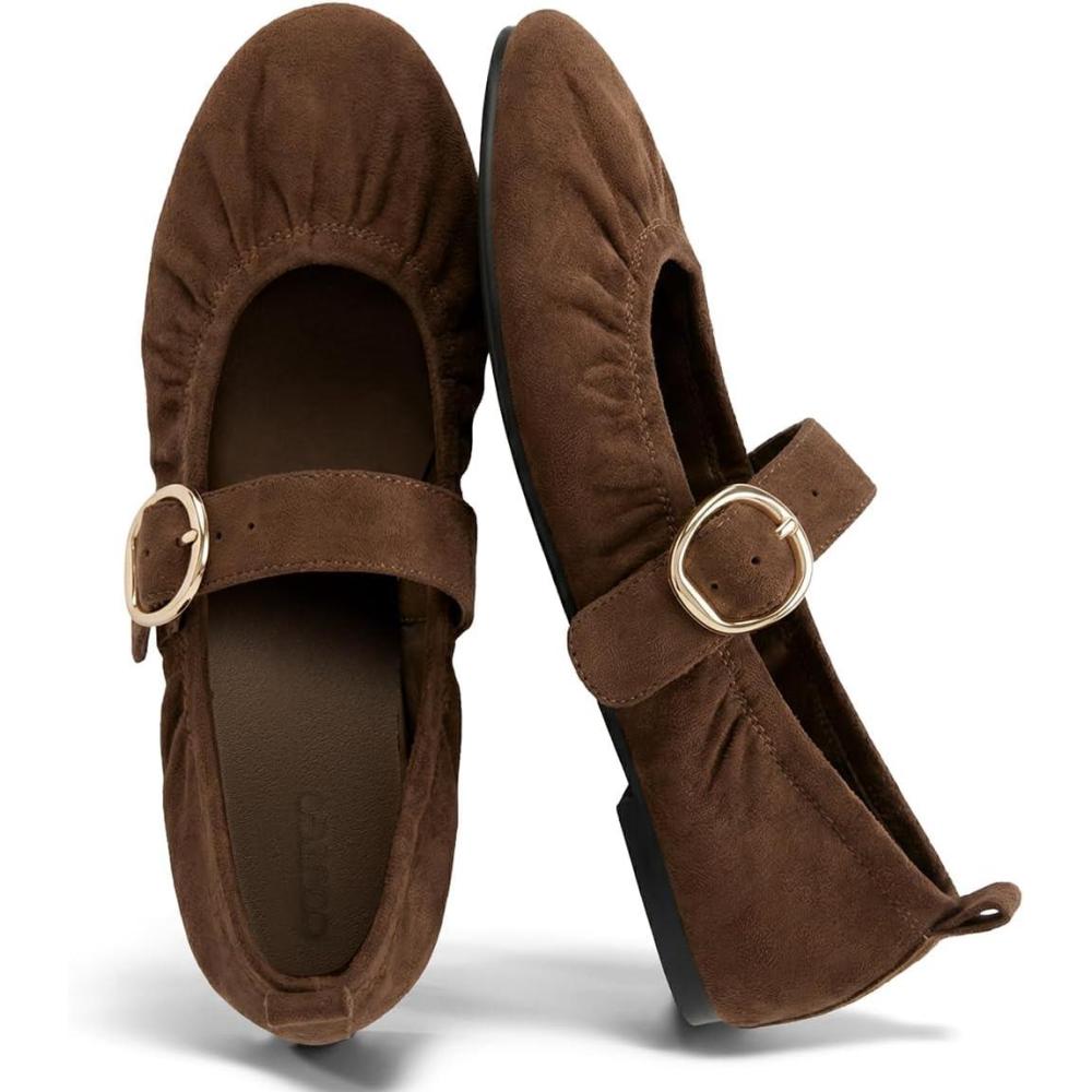 image:imageCoutgo Womens Ballet Flats Ruched Round Toe Mary Jane Flats Comfortable Slip On Dressy ShoesDark Brown Suede
