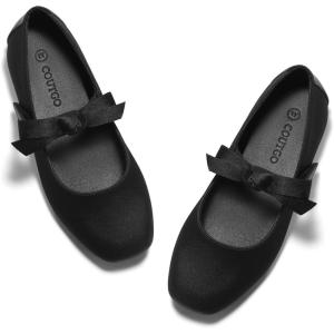 Coutgo Girls Mary Jane Dress Shoes Flower Girl Shoes Bow Satin Ballet Flats for Party Wedding School Shoes(Black)
