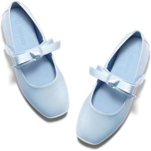 Coutgo Girls Mary Jane Dress Shoes Flower Girl Shoes Bow Satin Ballet Flats for Party Wedding School Shoes(Blue)