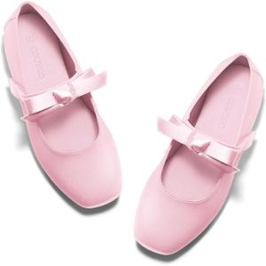 Coutgo Girls Mary Jane Dress Shoes Flower Girl Shoes Bow Satin Ballet Flats for Party Wedding School Shoes(Deep Pink)