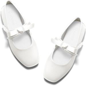 Coutgo Girls Mary Jane Dress Shoes Flower Girl Shoes Bow Satin Ballet Flats for Party Wedding School Shoes(White)