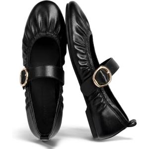 Coutgo Womens Ballet Flats Ruched Round Toe Mary Jane Flats Comfortable Slip On Dressy Shoes(Black Pu)