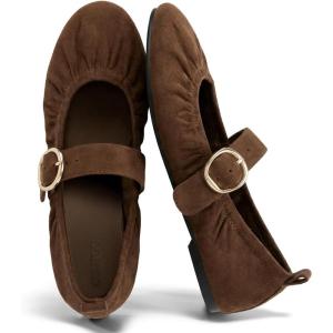 Coutgo Womens Ballet Flats Ruched Round Toe Mary Jane Flats Comfortable Slip On Dressy Shoes(Dark Brown Suede)
