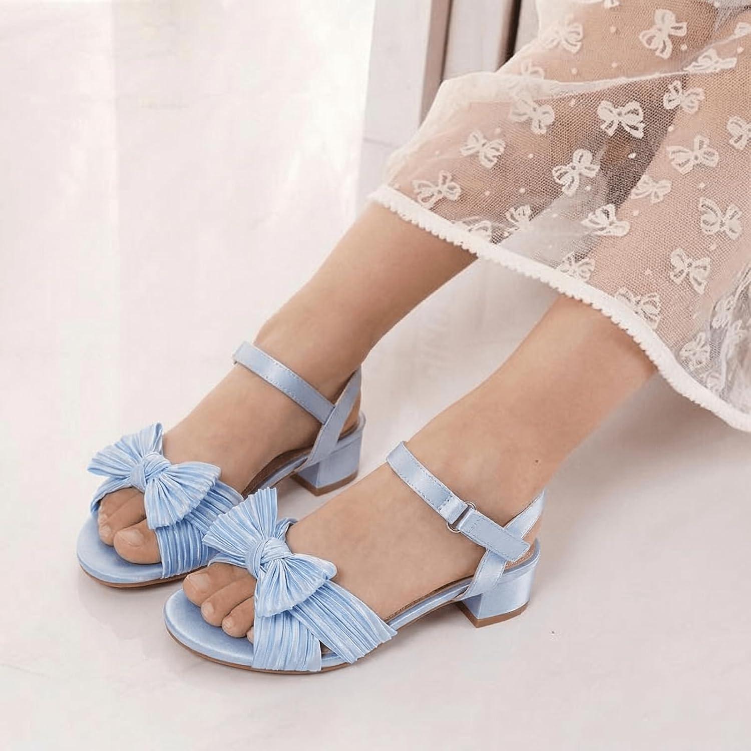 image:imageCoutgo Girls Sandals Bow Open Toe Chunky Low Heel Dress Shoes Flower Girl Wedding Party ShoesBlue