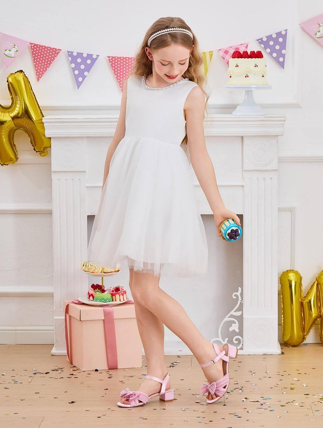image:imageCoutgo Girls Sandals Bow Open Toe Chunky Low Heel Dress Shoes Flower Girl Wedding Party ShoesPink
