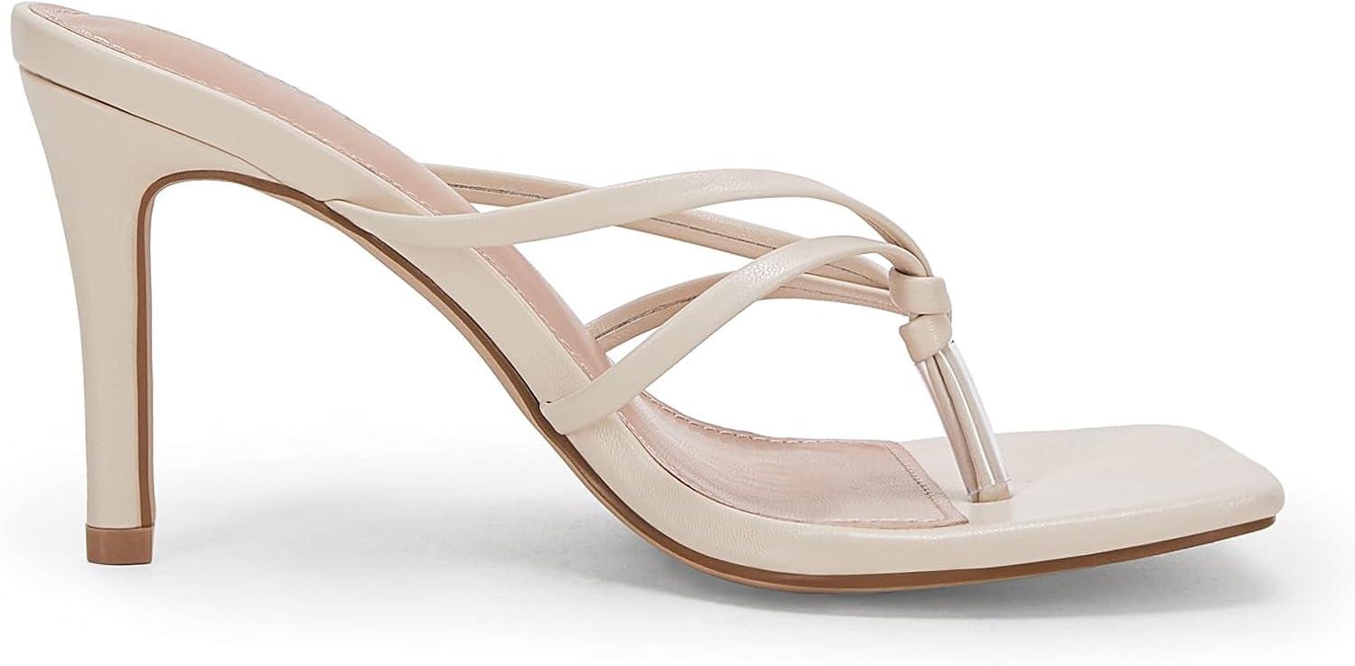 image:imageCoutgo Womens Heeled Sandals Strappy Square Toe Flip Flops Fashion Thong Slip on Stiletto SandalsBeige