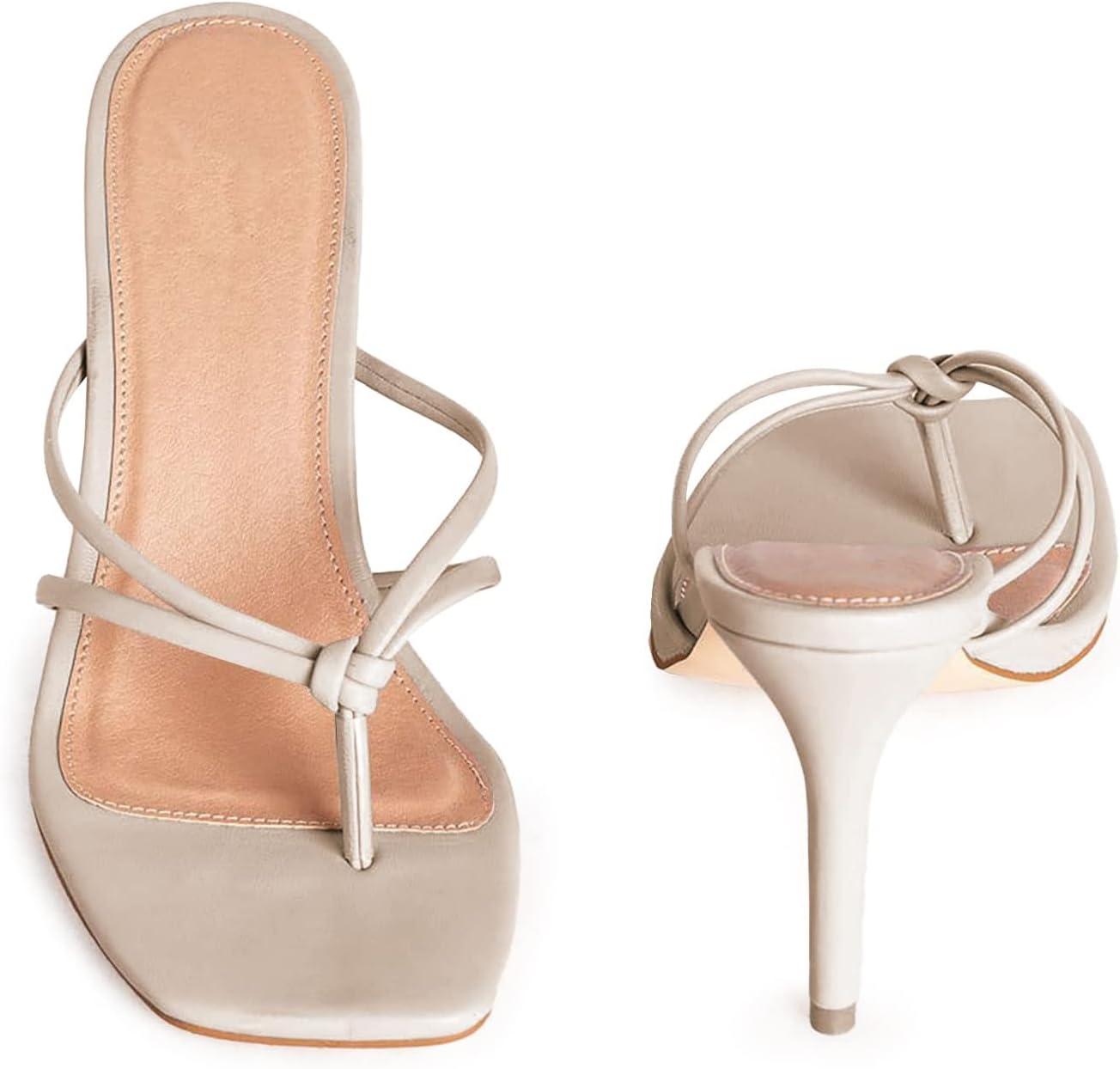 image:imageCoutgo Womens Heeled Sandals Strappy Square Toe Flip Flops Fashion Thong Slip on Stiletto SandalsBeige