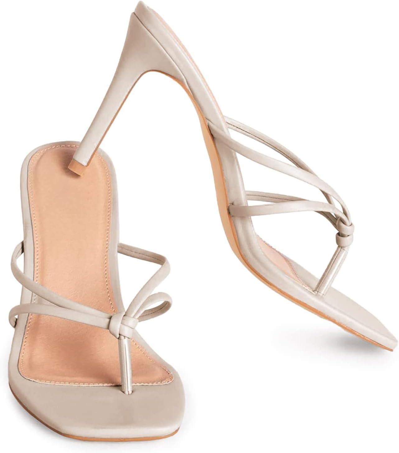 image:imageCoutgo Womens Heeled Sandals Strappy Square Toe Flip Flops Fashion Thong Slip on Stiletto SandalsBeige