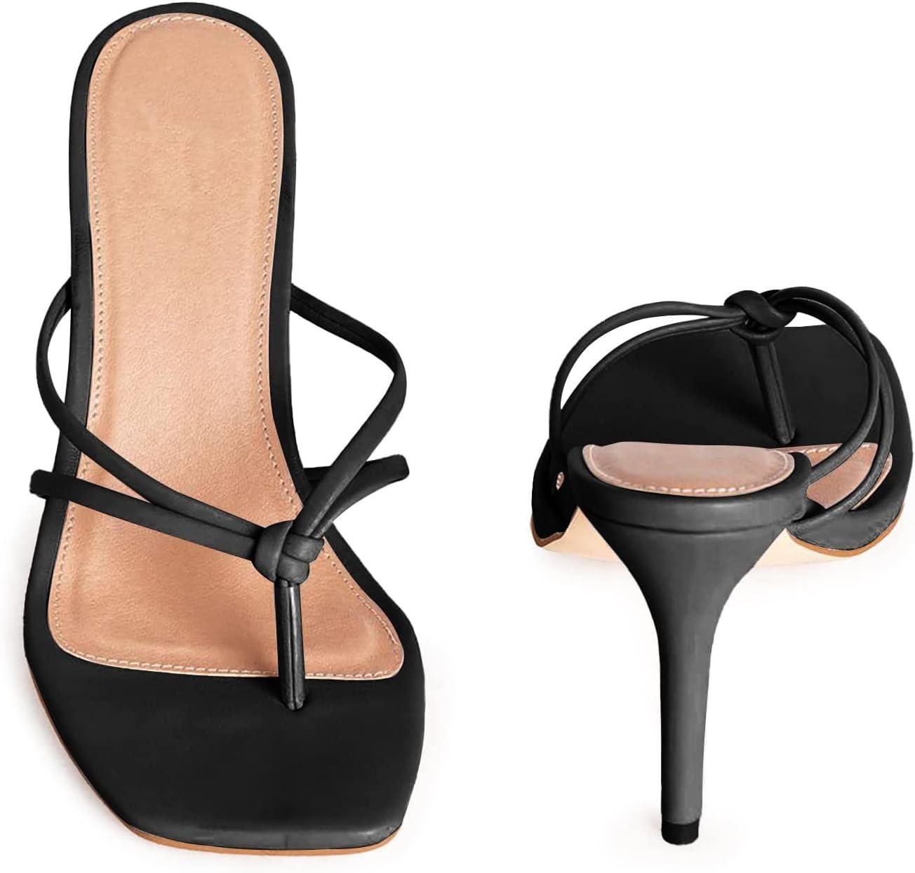 image:imageCoutgo Womens Heeled Sandals Strappy Square Toe Flip Flops Fashion Thong Slip on Stiletto SandalsBlack