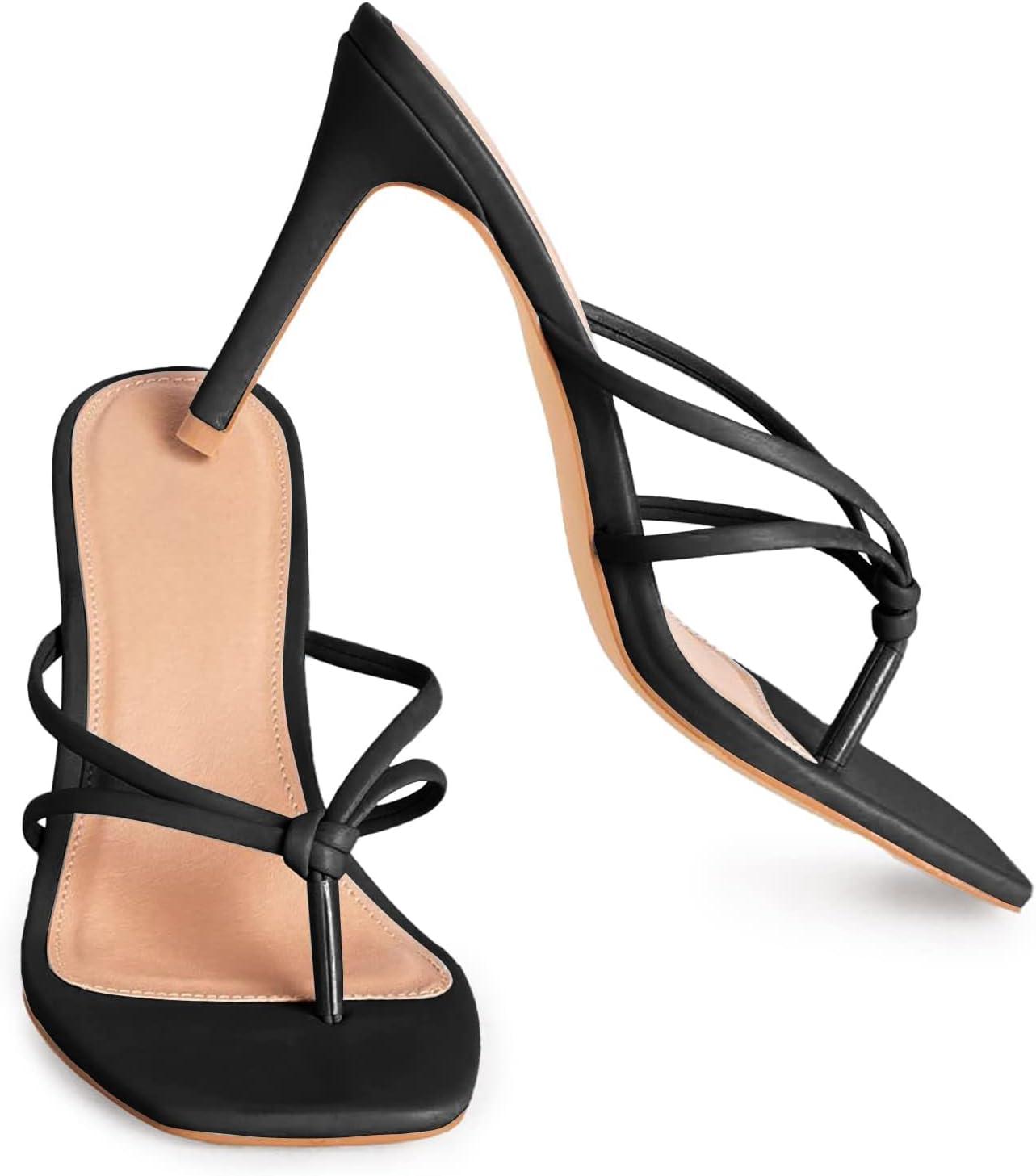 image:imageCoutgo Womens Heeled Sandals Strappy Square Toe Flip Flops Fashion Thong Slip on Stiletto SandalsBlack