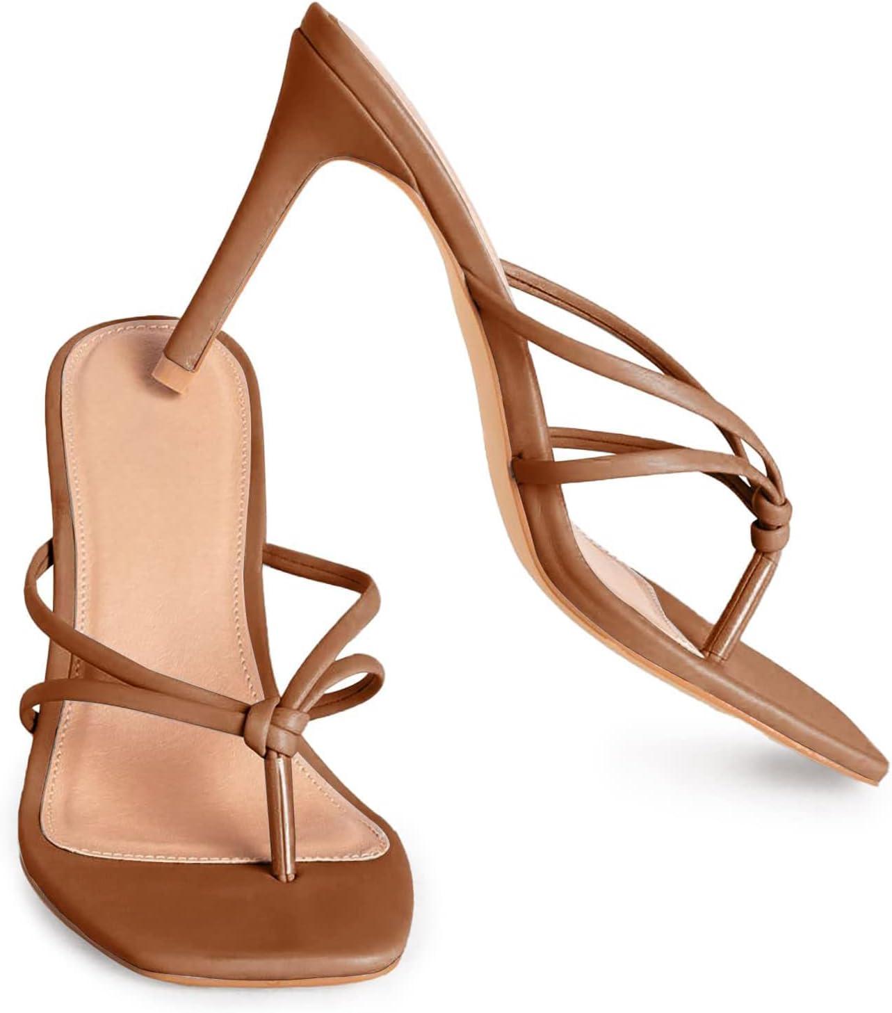 image:imageCoutgo Womens Heeled Sandals Strappy Square Toe Flip Flops Fashion Thong Slip on Stiletto SandalsBrown
