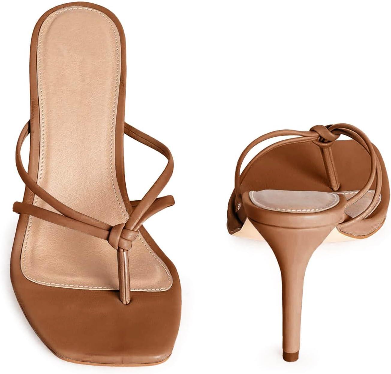 image:imageCoutgo Womens Heeled Sandals Strappy Square Toe Flip Flops Fashion Thong Slip on Stiletto SandalsBrown