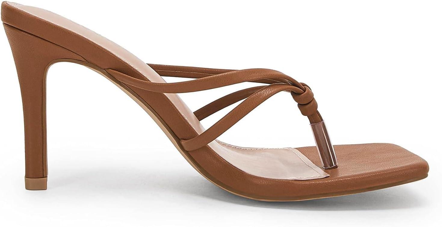 image:imageCoutgo Womens Heeled Sandals Strappy Square Toe Flip Flops Fashion Thong Slip on Stiletto SandalsBrown