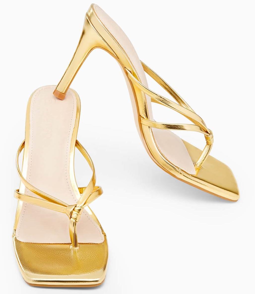 image:imageCoutgo Womens Heeled Sandals Strappy Square Toe Flip Flops Fashion Thong Slip on Stiletto SandalsGold