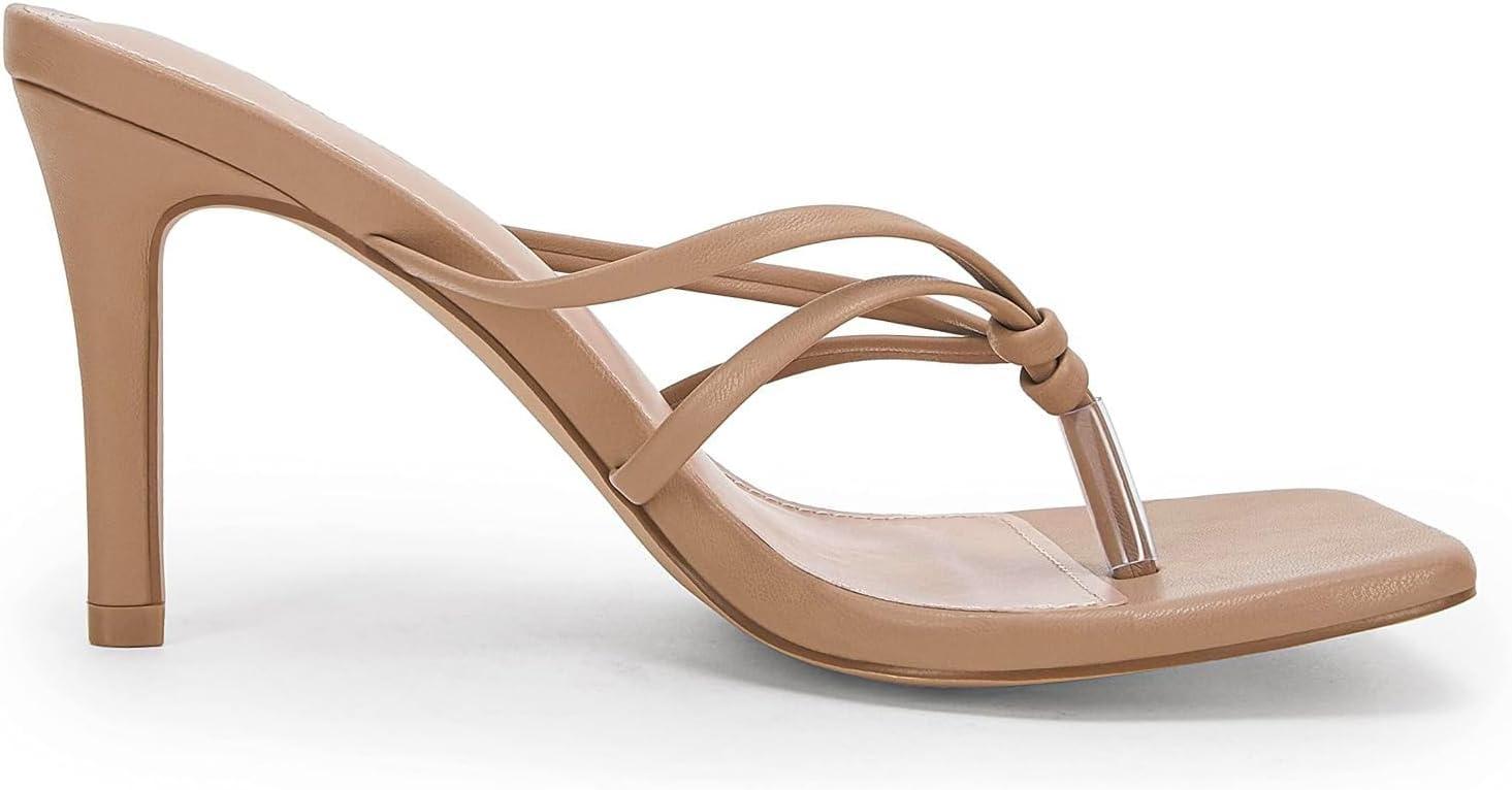 image:imageCoutgo Womens Heeled Sandals Strappy Square Toe Flip Flops Fashion Thong Slip on Stiletto SandalsKhaki