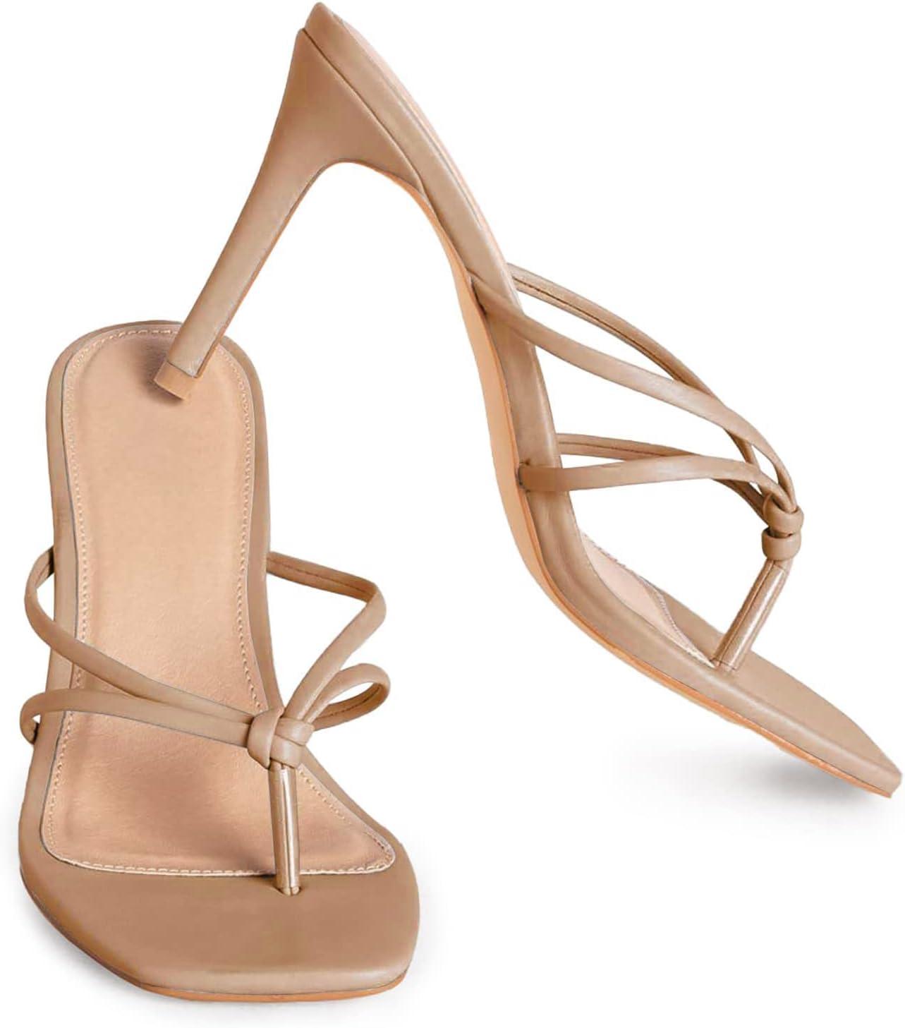 image:imageCoutgo Womens Heeled Sandals Strappy Square Toe Flip Flops Fashion Thong Slip on Stiletto SandalsKhaki