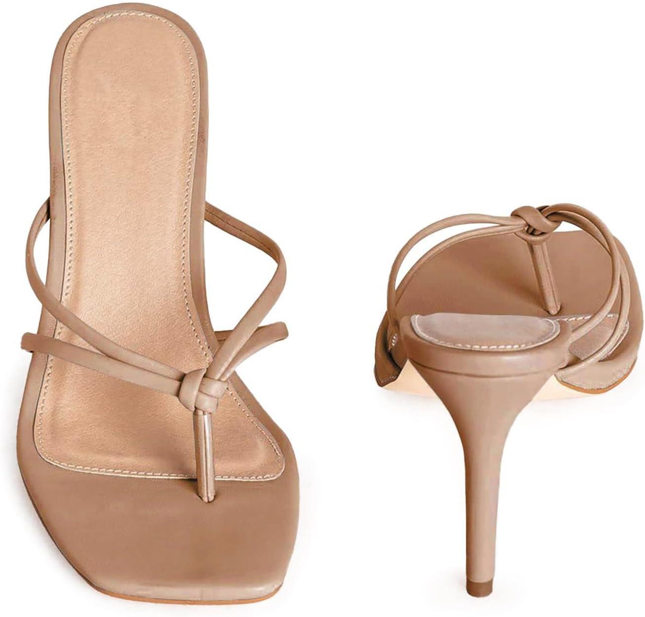 image:imageCoutgo Womens Heeled Sandals Strappy Square Toe Flip Flops Fashion Thong Slip on Stiletto SandalsKhaki