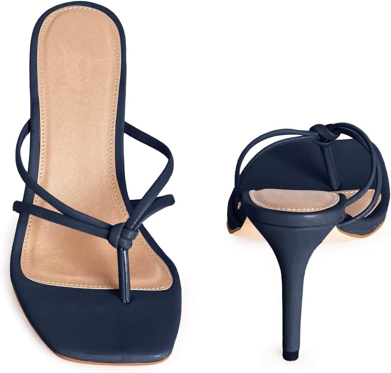 image:imageCoutgo Womens Heeled Sandals Strappy Square Toe Flip Flops Fashion Thong Slip on Stiletto SandalsNavy