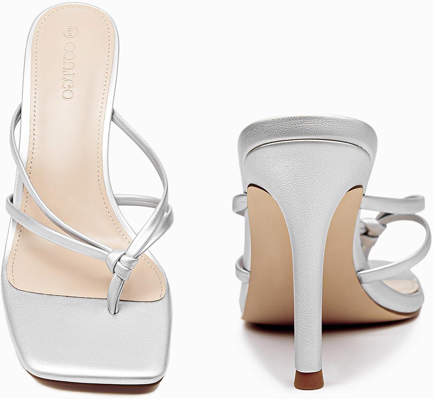 image:imageCoutgo Womens Heeled Sandals Strappy Square Toe Flip Flops Fashion Thong Slip on Stiletto SandalsSilver