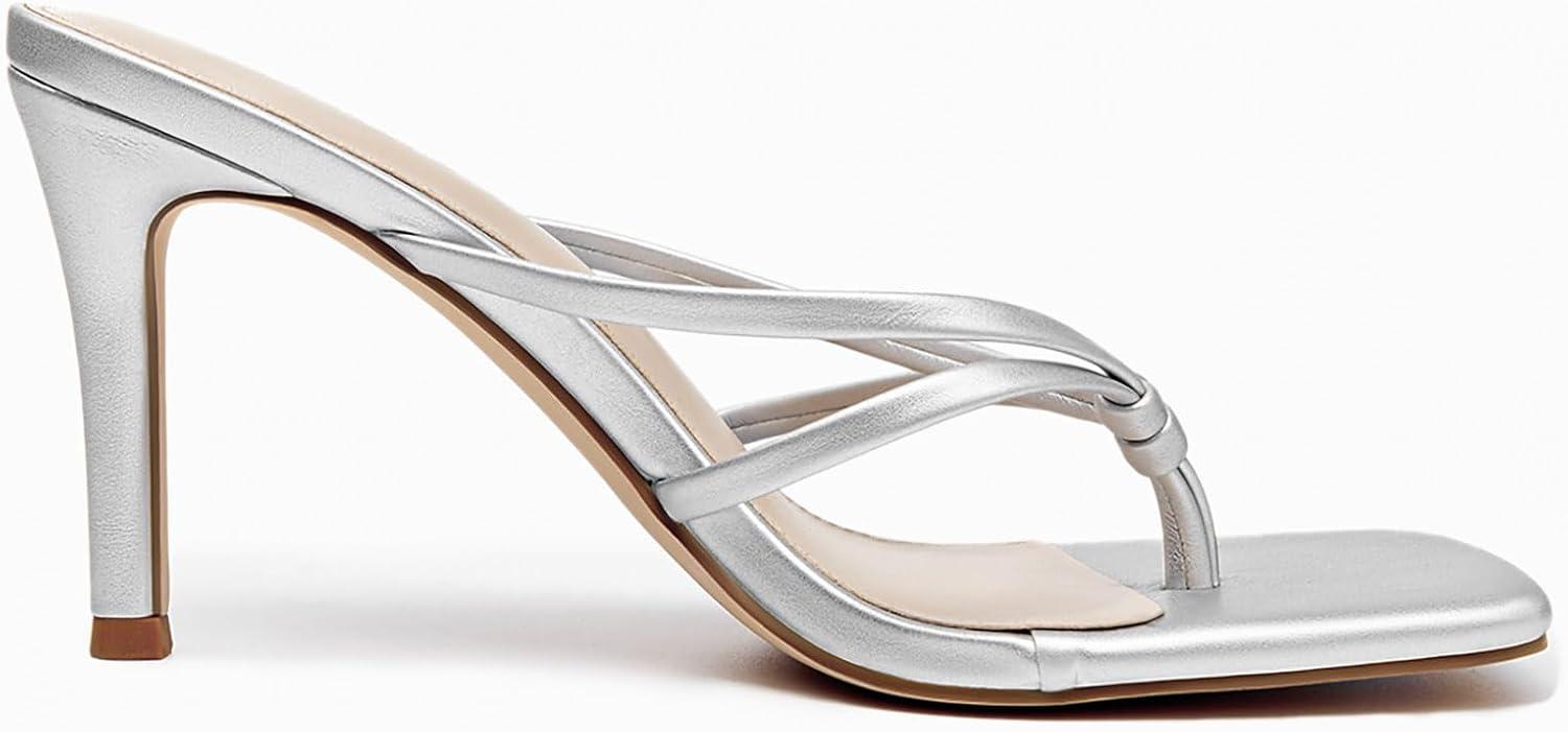 image:imageCoutgo Womens Heeled Sandals Strappy Square Toe Flip Flops Fashion Thong Slip on Stiletto SandalsSilver