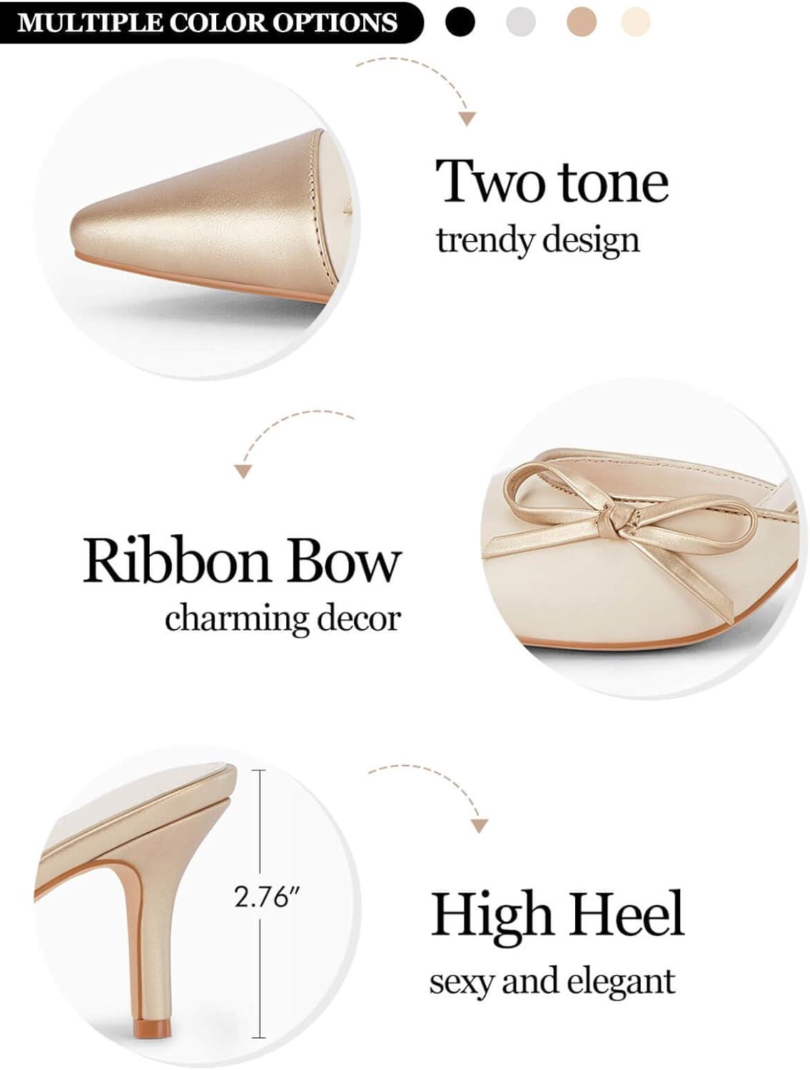 image:imageCoutgo Womens Kitten Heels Bow Tie Mules Two Tone Closed Pointed Toe Slip On Backless Wedding Dress Shoes PumpsNude