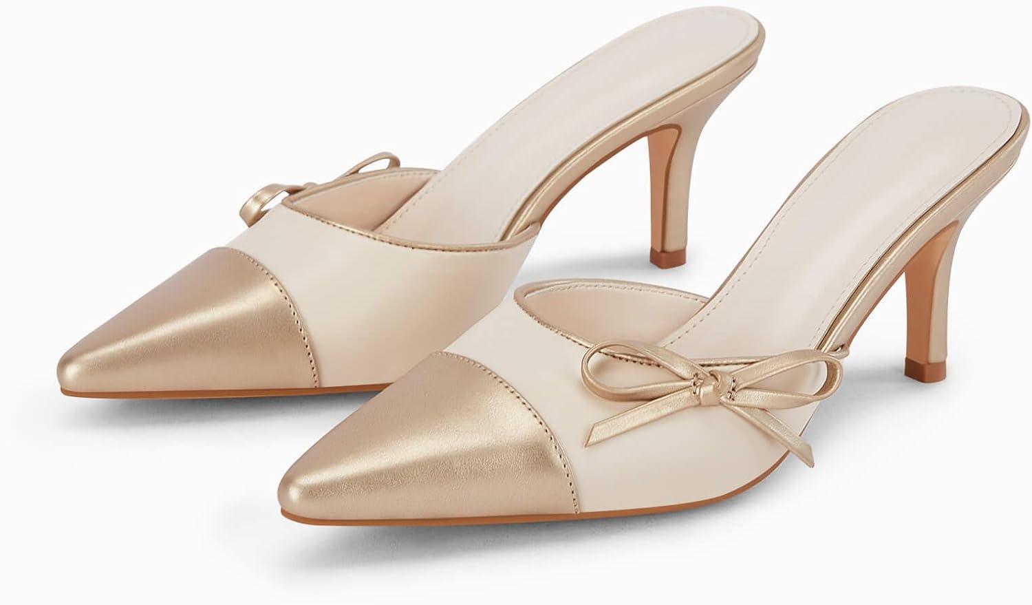 image:imageCoutgo Womens Kitten Heels Bow Tie Mules Two Tone Closed Pointed Toe Slip On Backless Wedding Dress Shoes PumpsNude