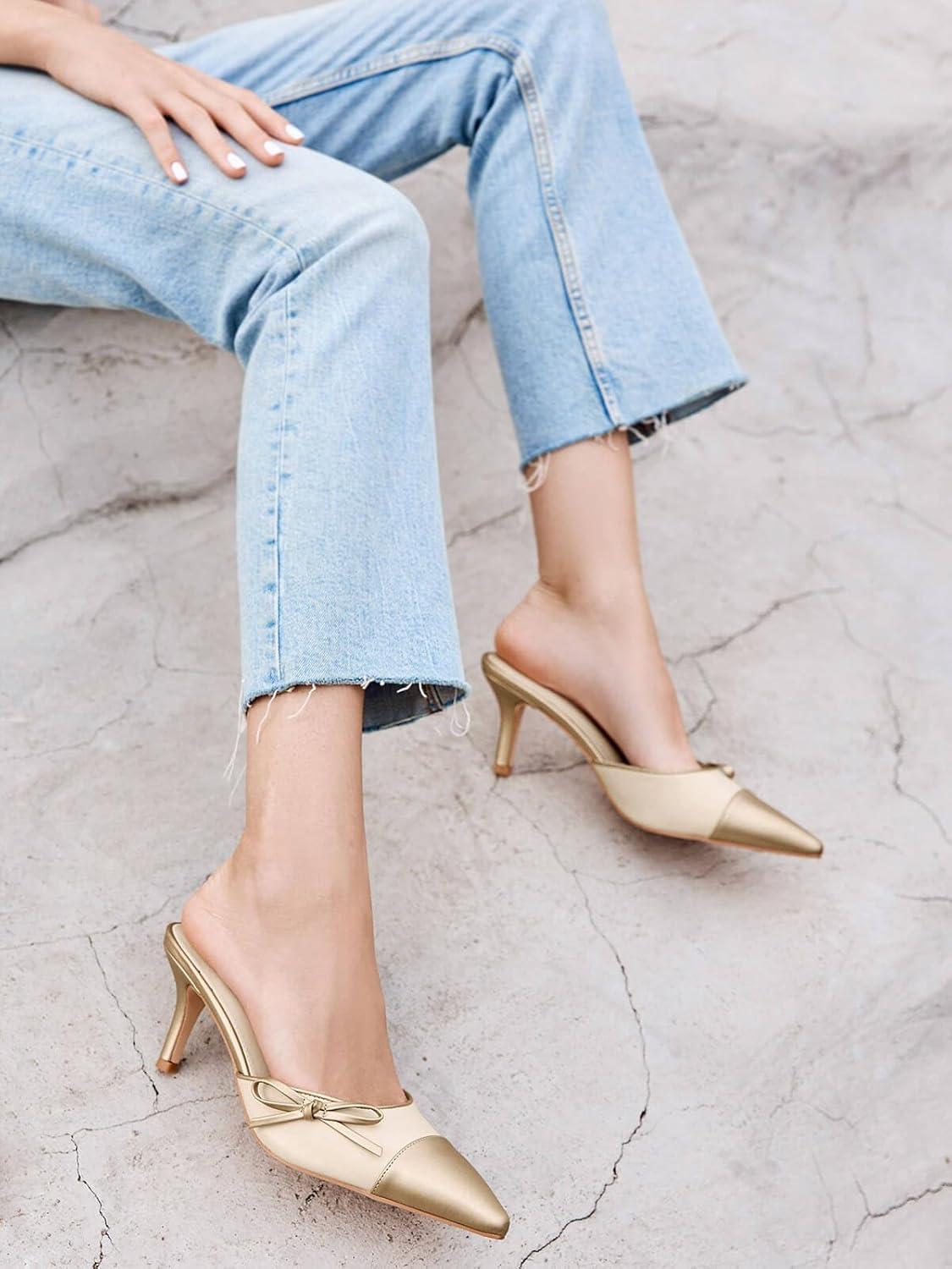 image:imageCoutgo Womens Kitten Heels Bow Tie Mules Two Tone Closed Pointed Toe Slip On Backless Wedding Dress Shoes PumpsNude