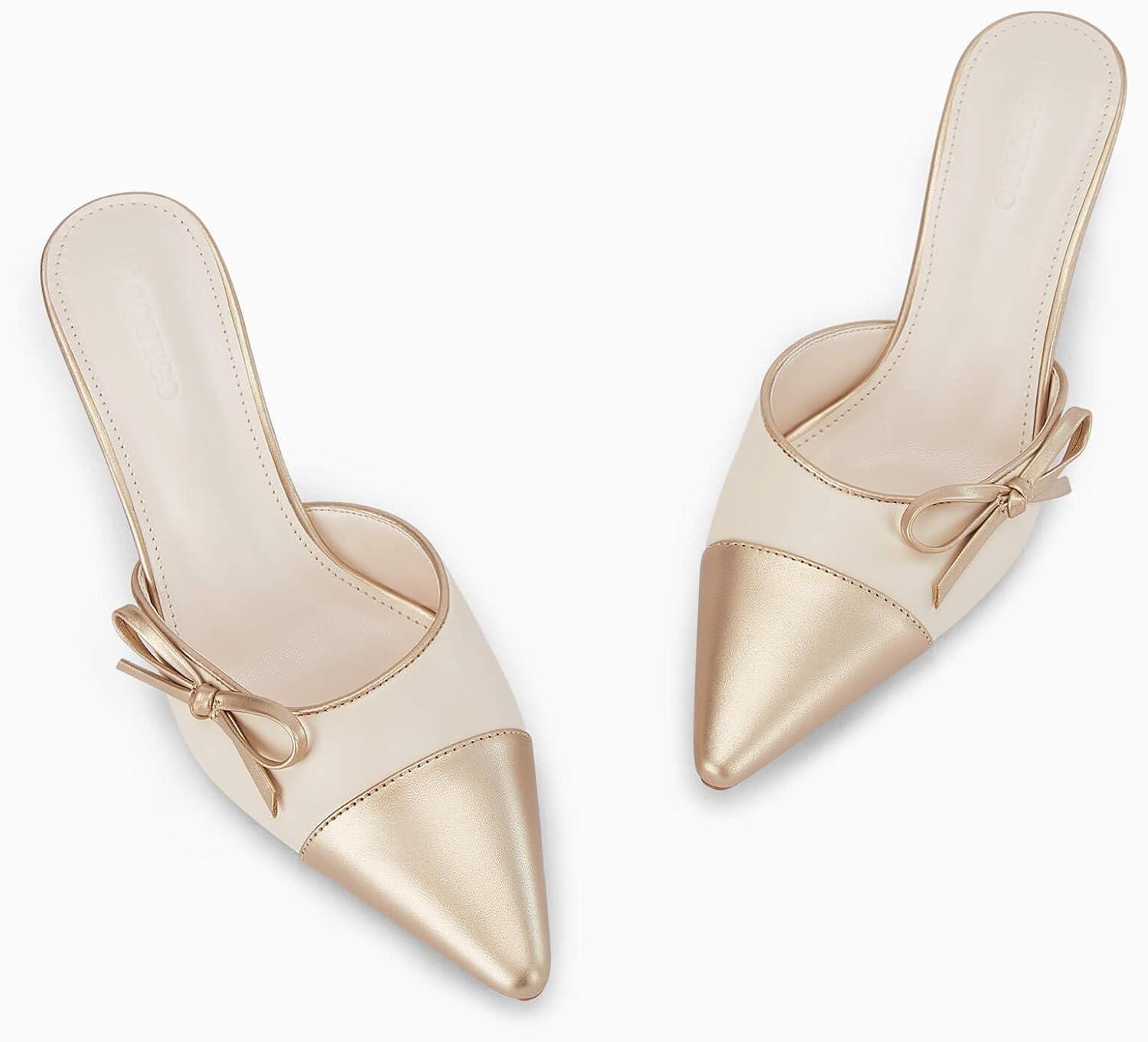 image:imageCoutgo Womens Kitten Heels Bow Tie Mules Two Tone Closed Pointed Toe Slip On Backless Wedding Dress Shoes PumpsNude