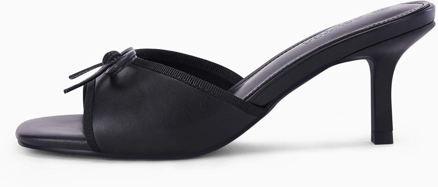 image:imageWomens Bow Mules Heels Kitten Heel Slide Sandals Square Toe Slip on Dress ShoesBlack