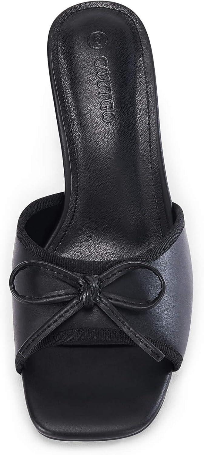 image:imageWomens Bow Mules Heels Kitten Heel Slide Sandals Square Toe Slip on Dress ShoesBlack