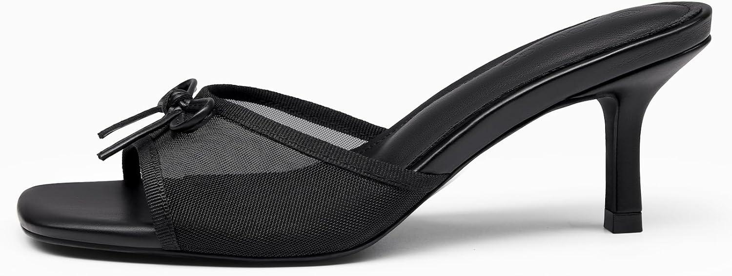 image:imageWomens Bow Mules Heels Kitten Heel Slide Sandals Square Toe Slip on Dress ShoesBlack Mesh